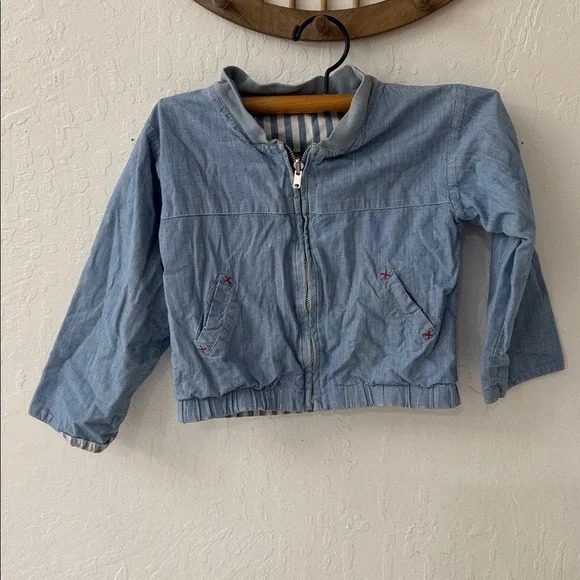 Vintage Reversible Chambray Denim Pinstripe Cow Patch Zip Jacket Kids - Picture 5 of 15